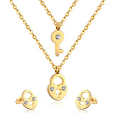 New Heart Lock With Key Earrings Pendant Necklace Sets Stainless Steel Wedding Jewellry Party Gift parures bijoux