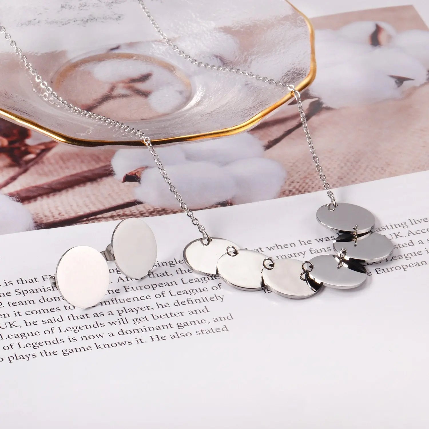 Stainless Steel Round Paillettes Trendy Necklaces Earrings Sets Jewelry Set Gold/Silver Color For Lovers Woman Gift asonjewelry