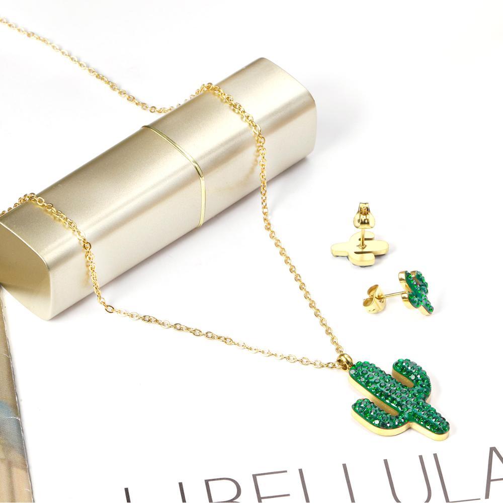 ASON Gold Color Stainless Steel Cactus Necklace and Earrings Jewelry Set with Green Rhinestone for Women Accessory Jewelry asonjewelry