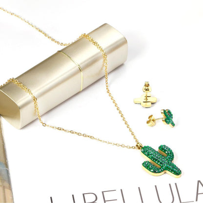 ASON Gold Color Stainless Steel Cactus Necklace and Earrings Jewelry Set with Green Rhinestone for Women Accessory Jewelry asonjewelry