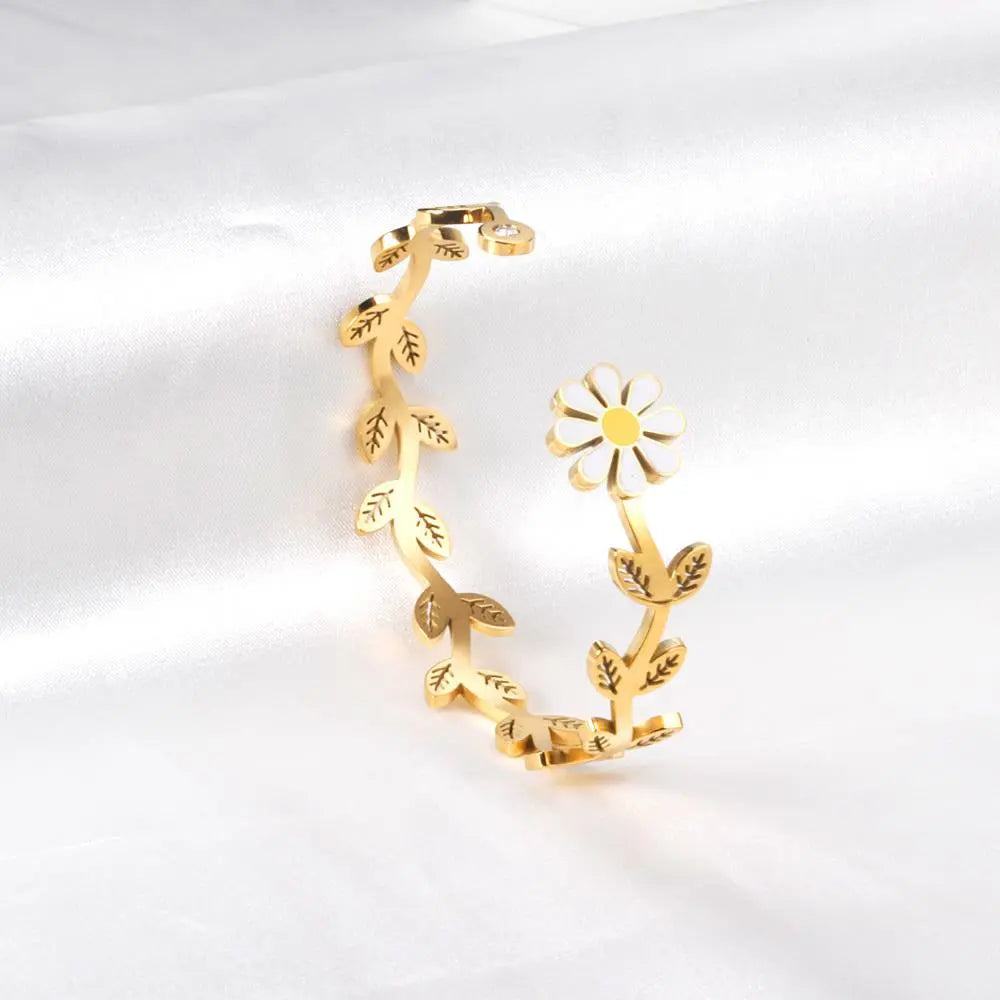 Daisy Cuff Bangles Gold Color Plant Boho Opening Bracelets For Elegant Ladies Fairy Girls Jewelry pulseiras feminin asonjewelry