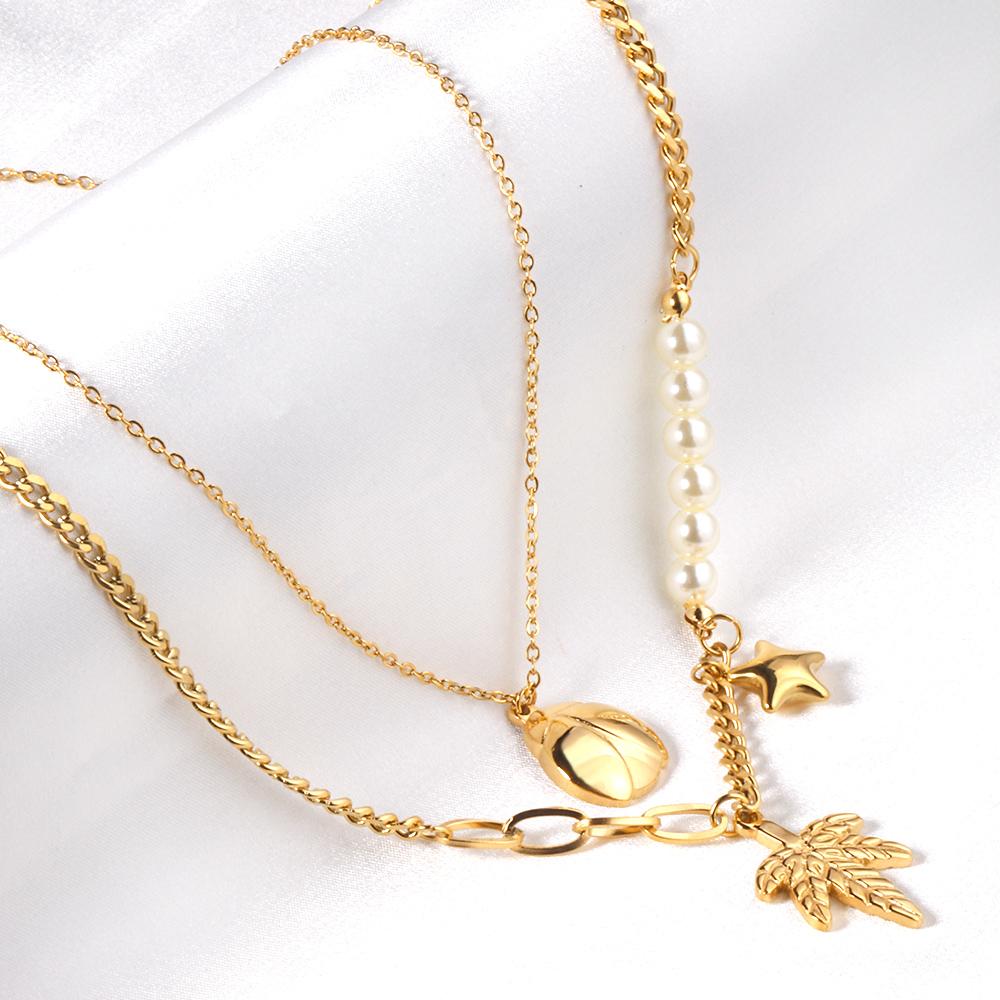ASON Leaves Ladybug Imitation Pearl Multi-layer Chains Pendant Necklaces Gold Color Stainless Steel for Women Jewelry asonjewelry