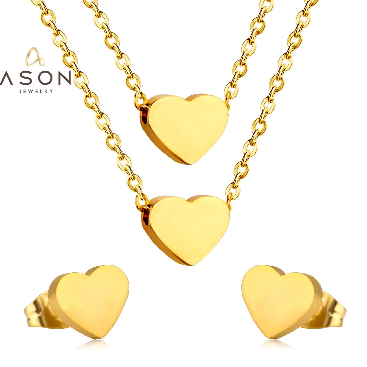 ASON Stainless Steel Double Heart Pendants Women Choker Necklaces Gold Color Multialyer Chains Necklace Party Gift Jewelry asonjewelry