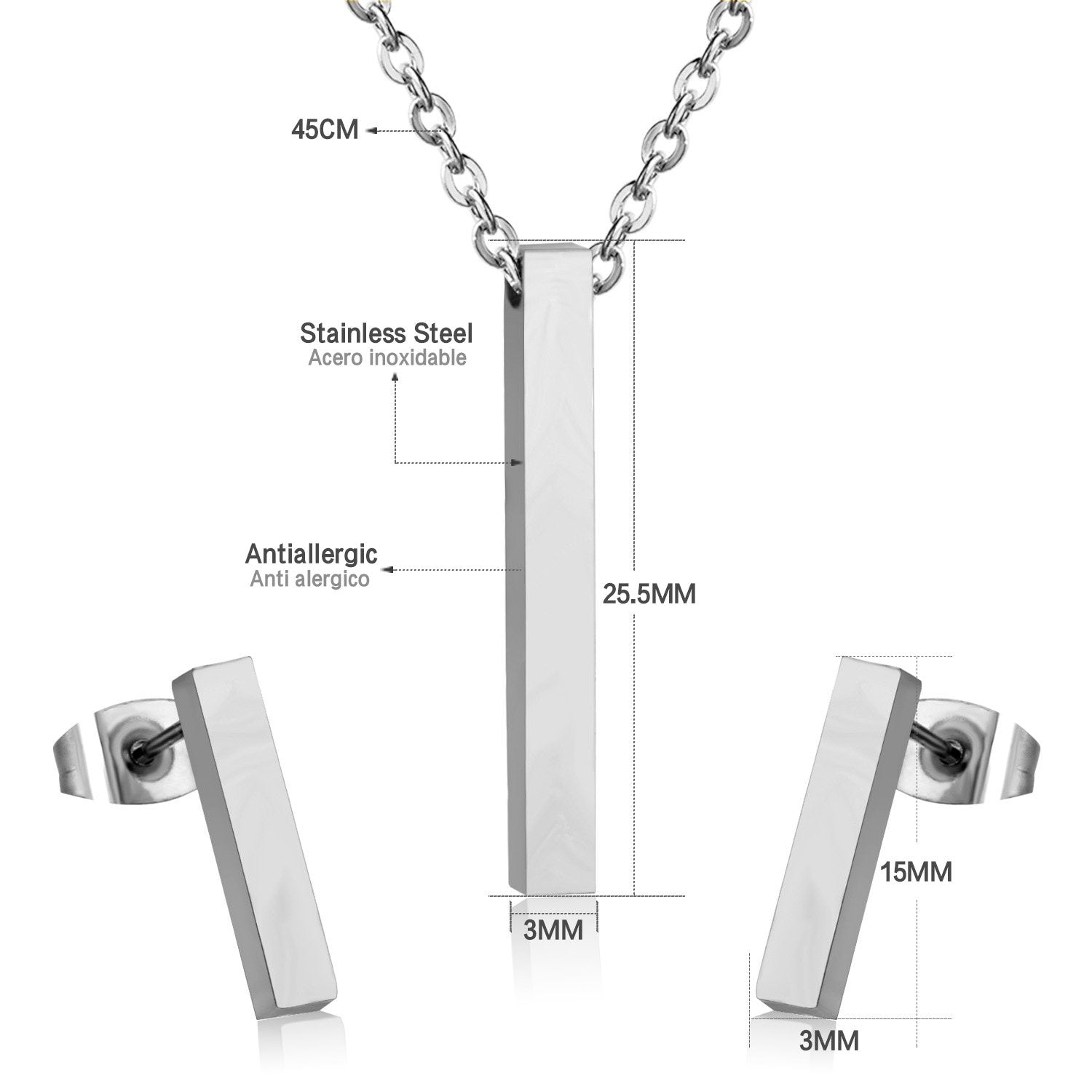 ASON Silver Color Jewelry Set Stainless Steel Vertical Bar Pendant Necklace for Women/Men Anniversary Gift Fashion Earrings asonjewelry
