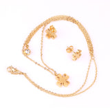 Flower Pendant Chain Crystal Gold Stainless Steel Double Necklace Stud Earrings Sets For Women  African Jewelry Set