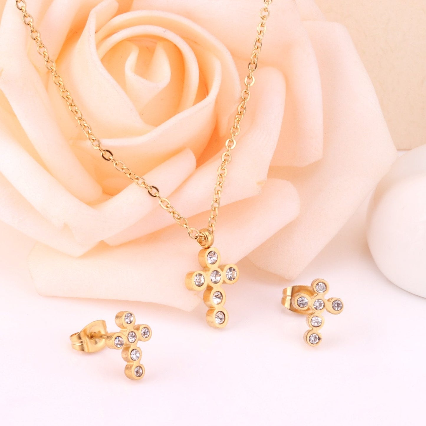ASON Classical Cross Wedding Zirconia Jewelry Set Pendant Necklace & Drop Stud Earrings Gold 316L Stainless Steel for Women asonjewelry
