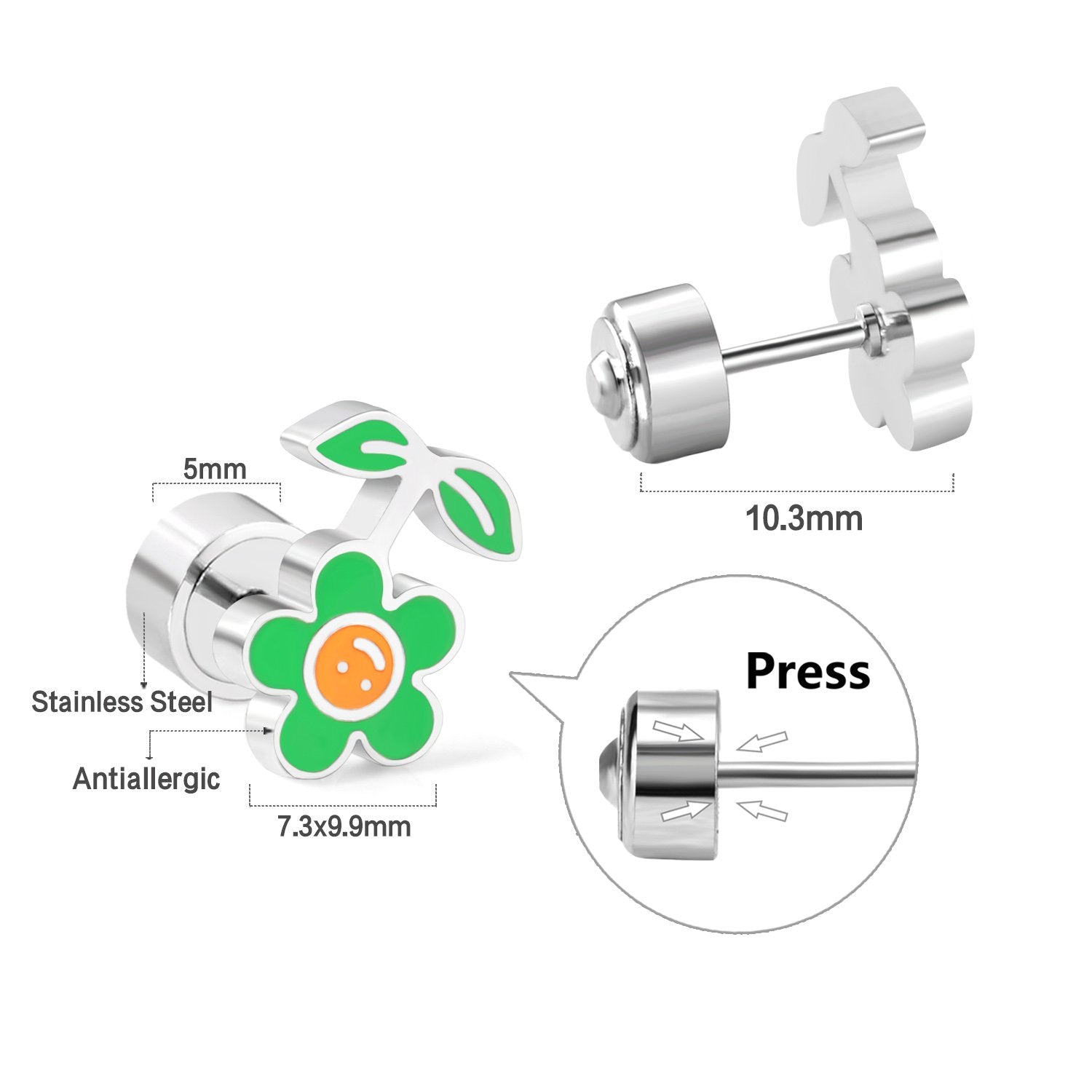 ASON Lovely Children's Stud Earrings 316L Stainless Steel Green Flower Leaf Cartoon Small Earrings for Girl Gifts Jewelry asonjewelry