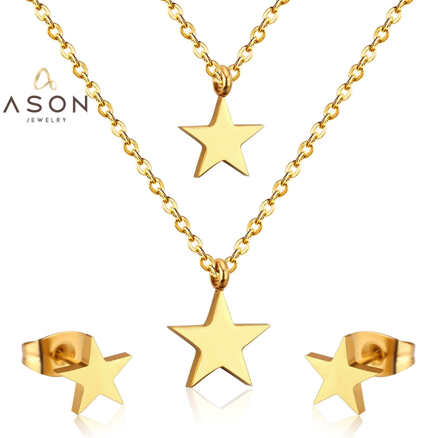 ASON 316L Stainless Steel Star Pendant Gold Color Bridal Wedding Jewelry Set for Women Necklace Pendant Small Stud Earring asonjewelry