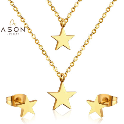 ASON 316L Stainless Steel Star Pendant Gold Color Bridal Wedding Jewelry Set for Women Necklace Pendant Small Stud Earring asonjewelry