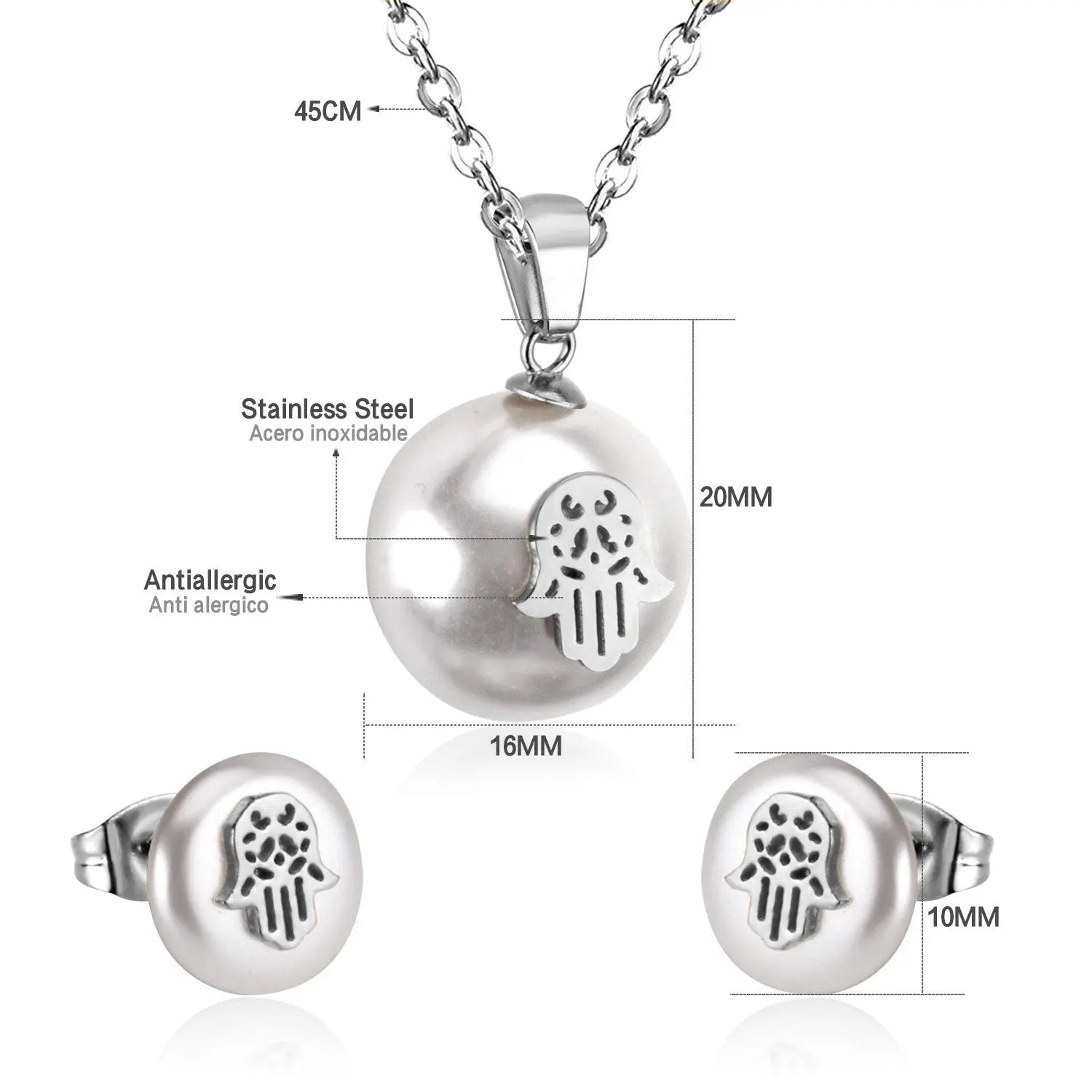 Hand Fake Pearl Wedding Dubai Jewelry sets Stainless Steel Women Small Stud Earring Necklace Jewelry sets asonjewelry