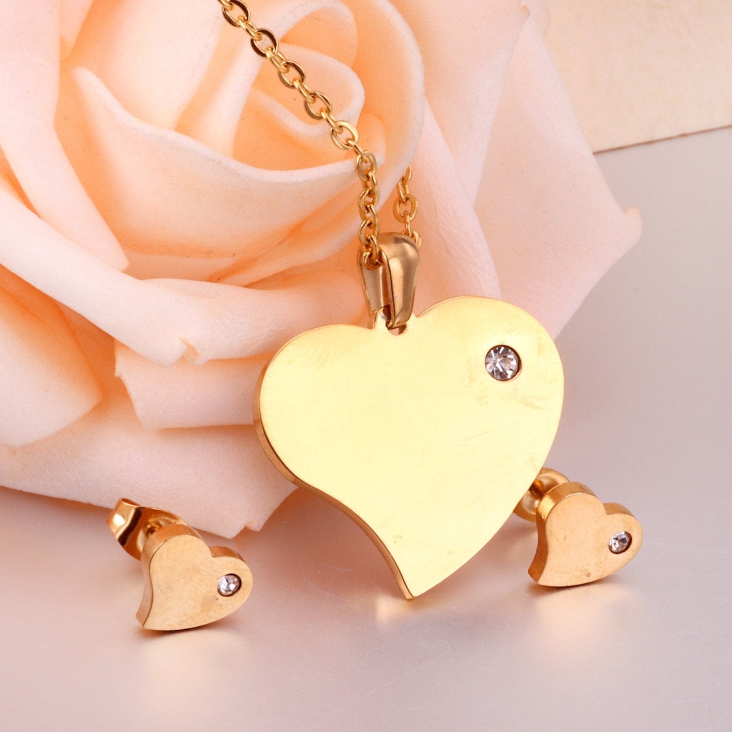 ASON Heart Shape Pendant Necklace Small Piercing Stud Earrings Jewelry Sets Gold Color Stainless Steel for Women Jewelry asonjewelry