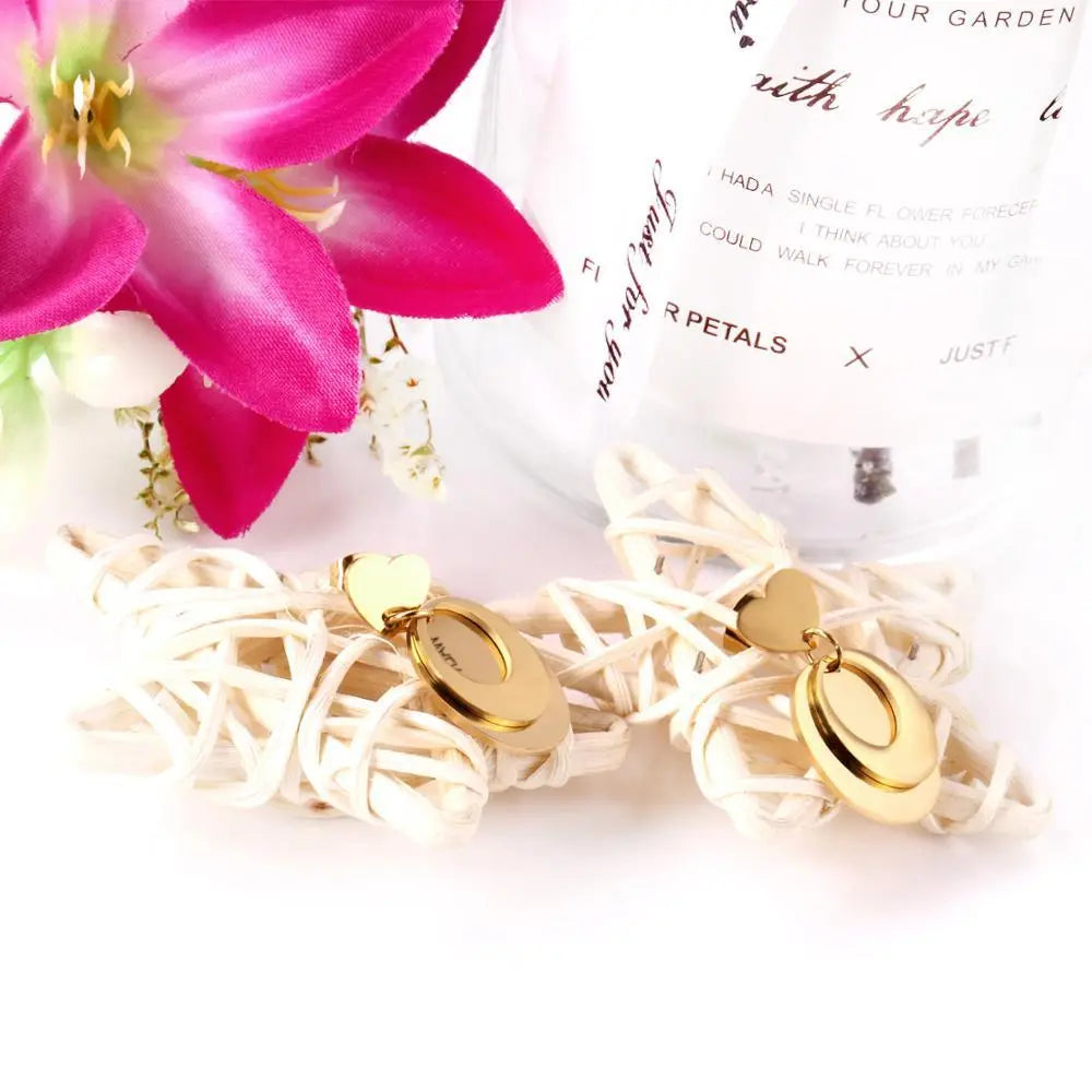 Korean Style Round Heart Stainless Steel Drop Earrings Set For Fashion Jewelry Women Party Gift Gold/Steel Earrings asonjewelry