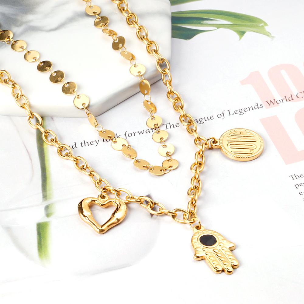 ASON Hamsa Hand Heart Pendant Necklace Multi-layer Stainless Steel Choker Fatima Hand for Women Men Fashion Jewelry Gift asonjewelry