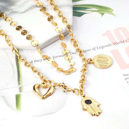 ASON Hamsa Hand Heart Pendant Necklace Multi-layer Stainless Steel Choker Fatima Hand for Women Men Fashion Jewelry Gift asonjewelry