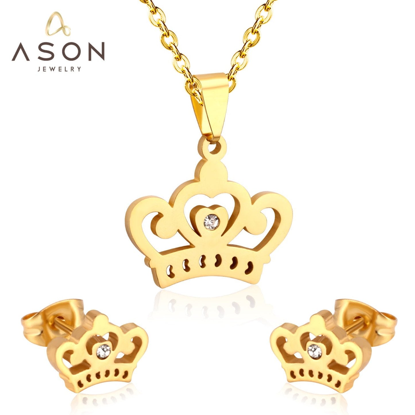 ASON Crown Pendant Necklace Charm Small Piercing Stud Earrings Jewelry Sets Gold Color Stainless Steel For Women asonjewelry