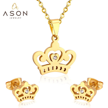 ASON Crown Pendant Necklace Charm Small Piercing Stud Earrings Jewelry Sets Gold Color Stainless Steel For Women asonjewelry