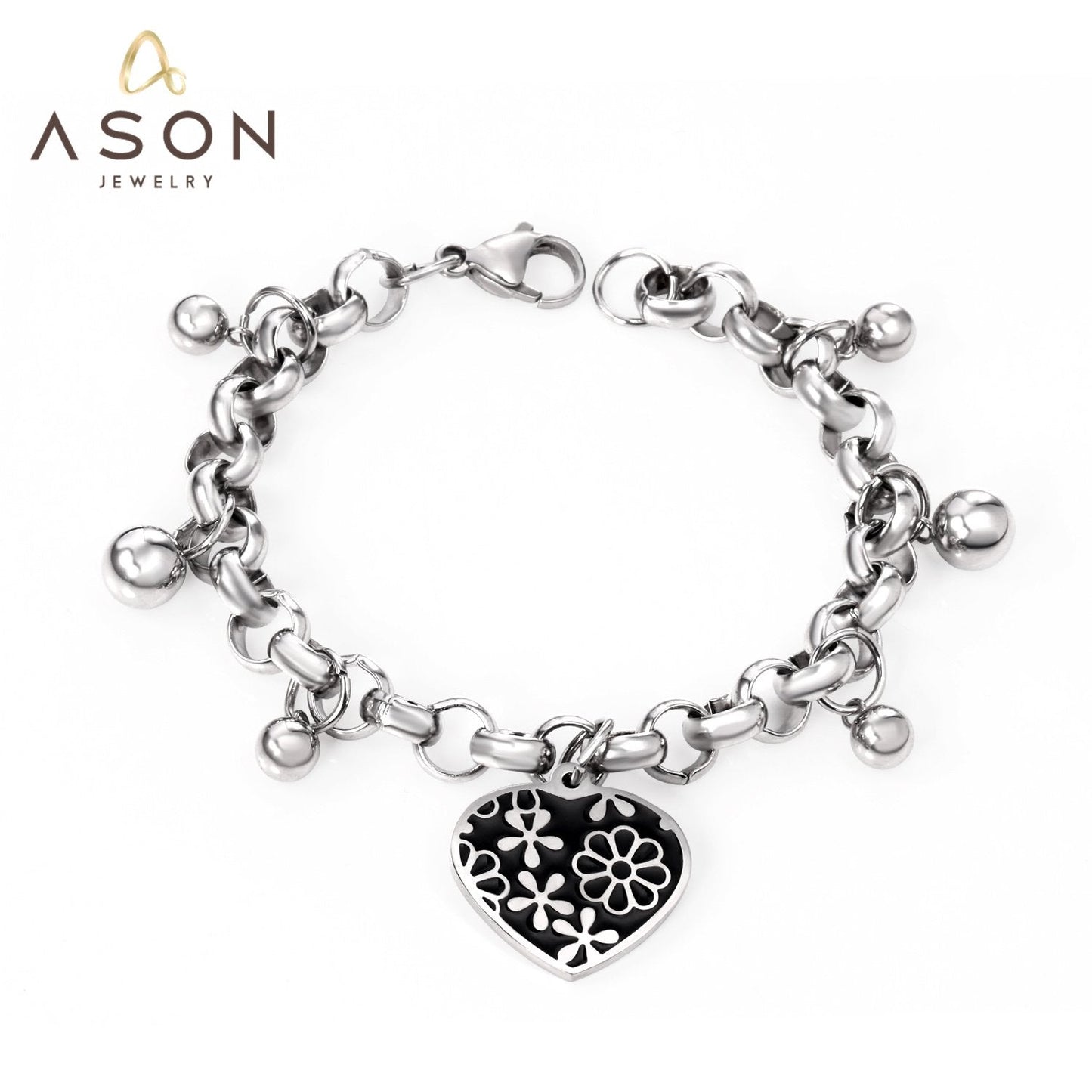 ASON Silver Color 316L Stainless Steel Bangle Heart Pendant Bracelet with Steel Ball Charm for Women Jewelry Party Gift asonjewelry