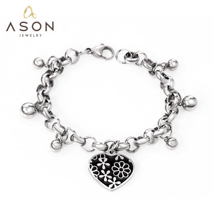 ASON Silver Color 316L Stainless Steel Bangle Heart Pendant Bracelet with Steel Ball Charm for Women Jewelry Party Gift asonjewelry