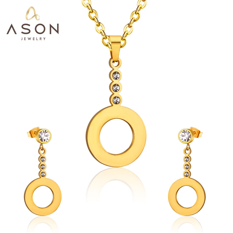 ASON pendientes de gota clásicos para mujer/niña de acero inoxidable ahuecados colgante redondo collar pendientes conjuntos fiesta uso diario