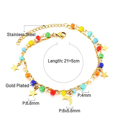 ASON Trendy Mixed Color Beads Moon And Star Accessories Multi-layer Chains Anklet Gold Color Stainless Steel For Women Gift asonjewelry