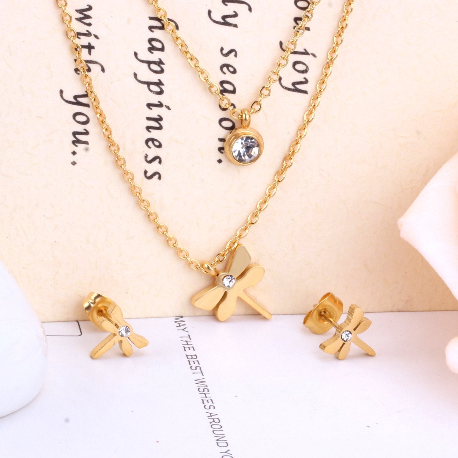 ASON Top 316L Stainless Steel Dragonfly Necklace Pendant Bridal Wedding Jewelry Set for Women 2019 Small Stud Earring Sets asonjewelry