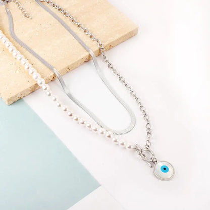 Fashion Shell Evil Eye Pendant Necklace Snake Pearl Double Chain For Women Stainless Steel Turkish Wedding Party Gifts asonjewelry