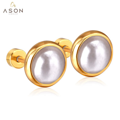 ASON Piercing Earrings Stainless Steel Gold Color Imitation Pearl Screw Stud Earrings Women Size 4mm/6mm/8mm/10mm Jewelry asonjewelry