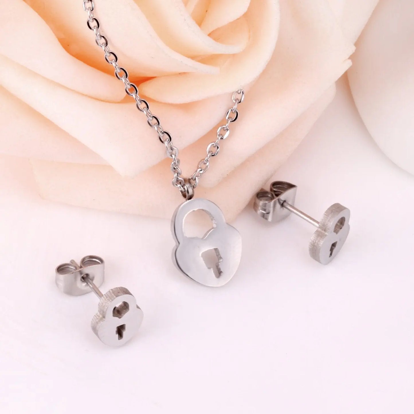 Heart Shape Lock Stainless Steel Silver Color Necklaces Earrings Sets For Ladies Party Jewelry Set pendientes mujer asonjewelry