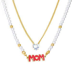 ASON White Pearl Letter Mom Heart Shape Cubic Zirconia Multi-layer Chains Necklace Gold Color Stainless Steel For Women