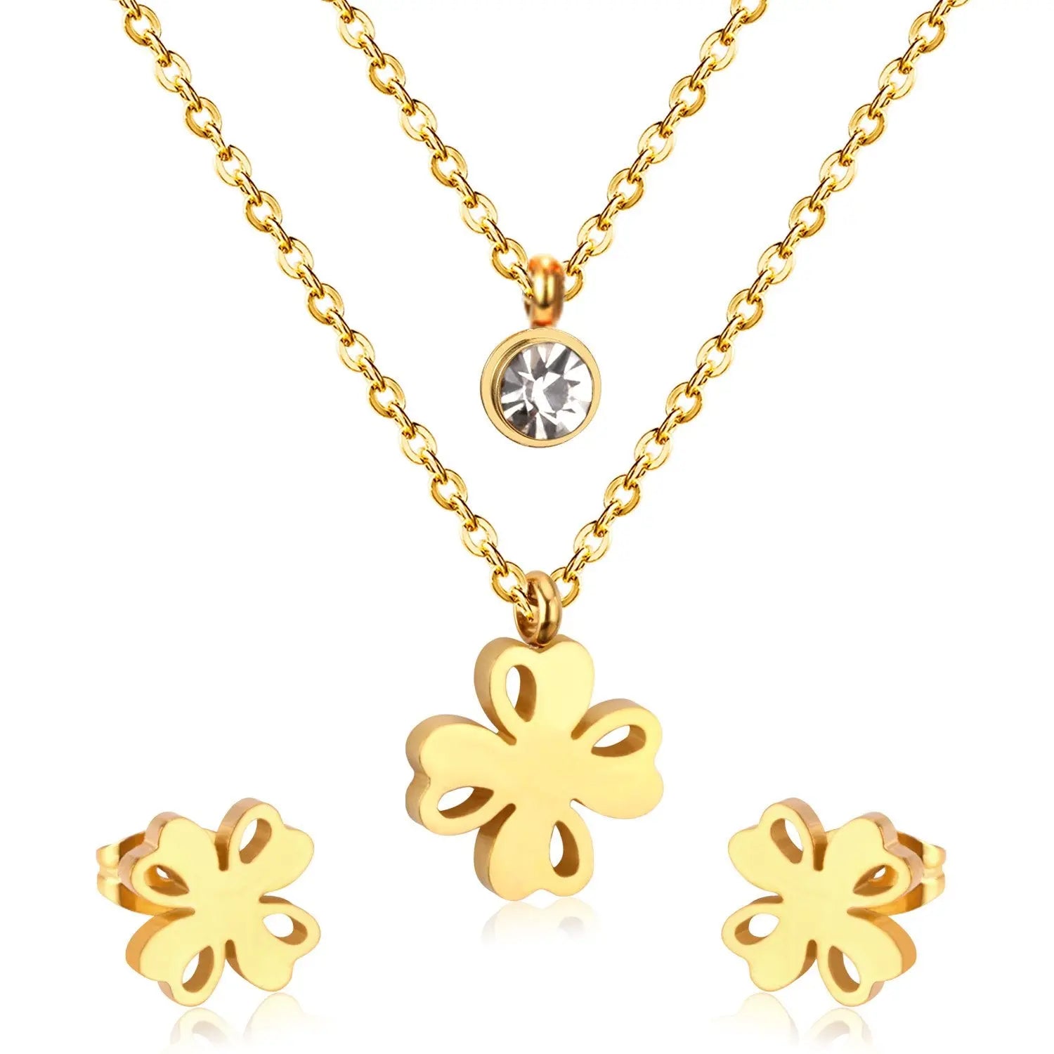 Flower Pendant Chain Crystal Gold Stainless Steel Double Necklace Stud Earrings Sets For Women  African Jewelry Set asonjewelry