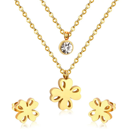 Flower Pendant Chain Crystal Gold Stainless Steel Double Necklace Stud Earrings Sets For Women  African Jewelry Set asonjewelry