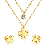 Flower Pendant Chain Crystal Gold Stainless Steel Double Necklace Stud Earrings Sets For Women  African Jewelry Set