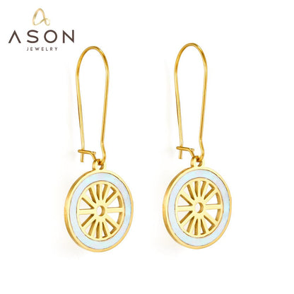 ASON Wheel Shape Drop Earrings With White Shell Gold Color Stainless Steel Piercing Earrings For Women Trendy Office Party asonjewelry