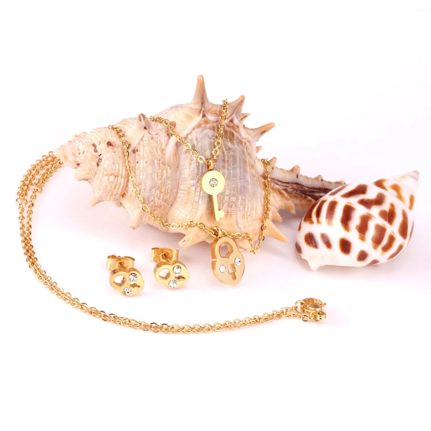 New Heart Lock With Key Earrings Pendant Necklace Sets Stainless Steel Wedding Jewellry Party Gift parures bijoux asonjewelry