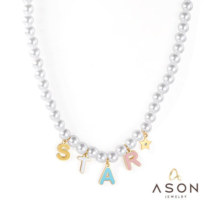 ASON Cute Imitation Pearl Necklace with STAR DREAM Letter Pendant Chains for Women Stainless Steel Jewelry Party Gift asonjewelry