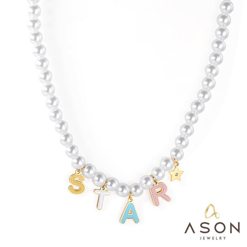 ASON Cute Imitation Pearl Necklace with STAR DREAM Letter Pendant Chains for Women Stainless Steel Jewelry Party Gift