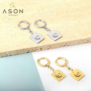 ASON-pendientes colgantes de circonia cúbica para mujer, aretes cuadrados Vintage con payaso sonriente, Color dorado, acero inoxidable, joyería