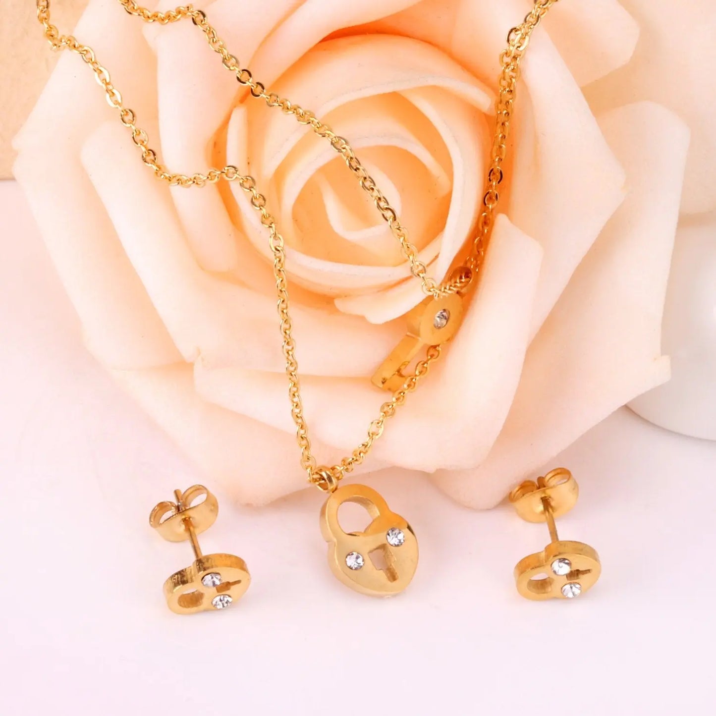 New Heart Lock With Key Earrings Pendant Necklace Sets Stainless Steel Wedding Jewellry Party Gift parures bijoux asonjewelry