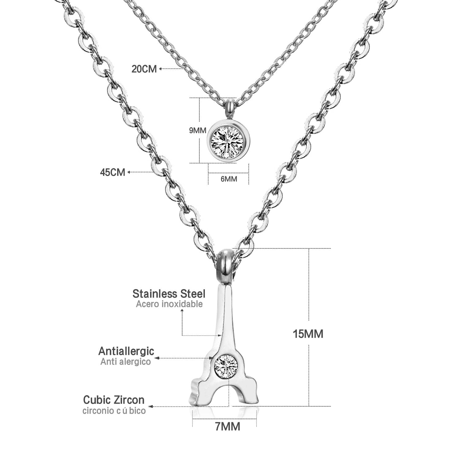 ASON Classic Jewelry Stainless Steel Eiffel Town Pendant Necklace with Round Cubic Zirconia for Women Double Link Chain asonjewelry