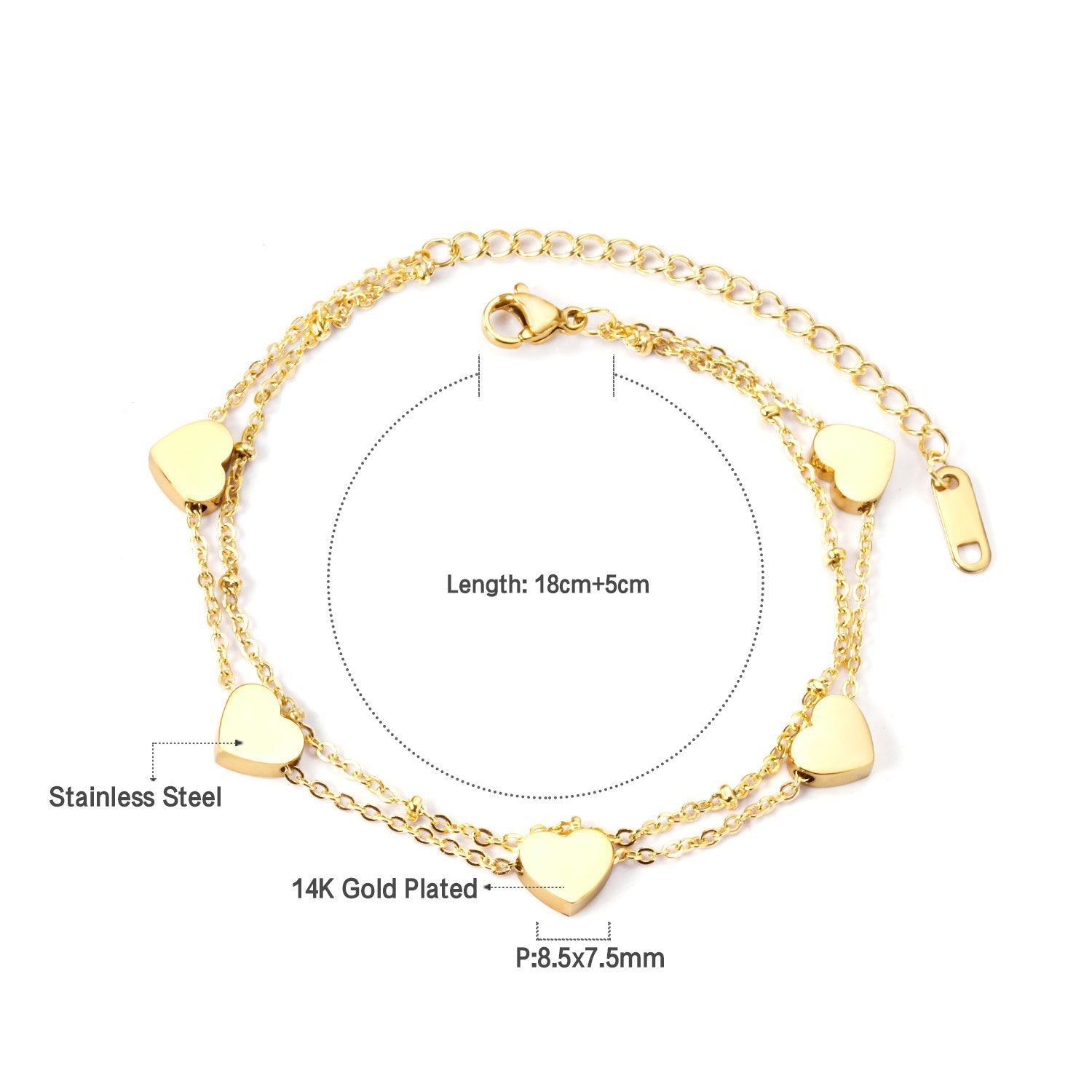 ASON Multi-layer Heart Charm Bracelet Gold Color Stainless Steel Bangle with Extender for Women Girl Fashion Jewelry Gift asonjewelry
