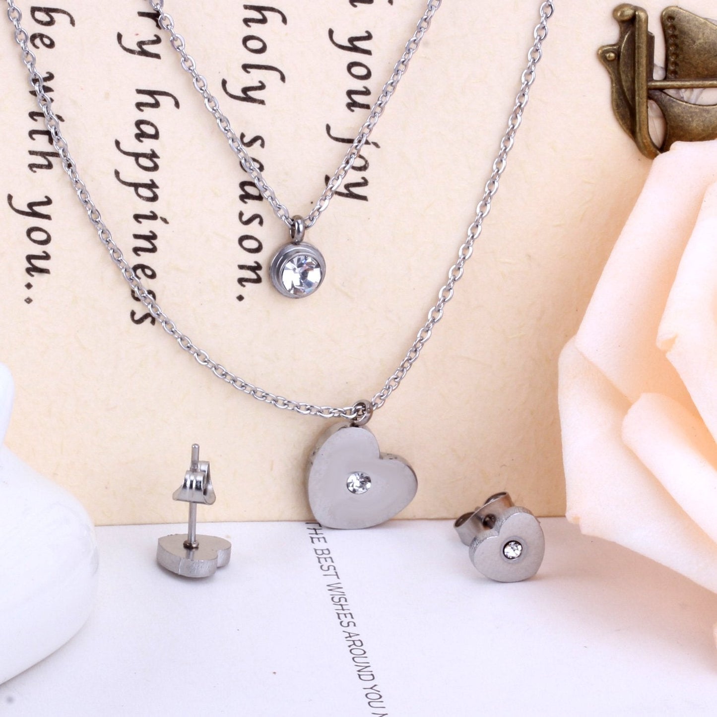 ASON 316L Stainless Steel Heart Love Gold Bridal Wedding Jewelry Set for Women Necklace Pendant Small Stud Earring asonjewelry