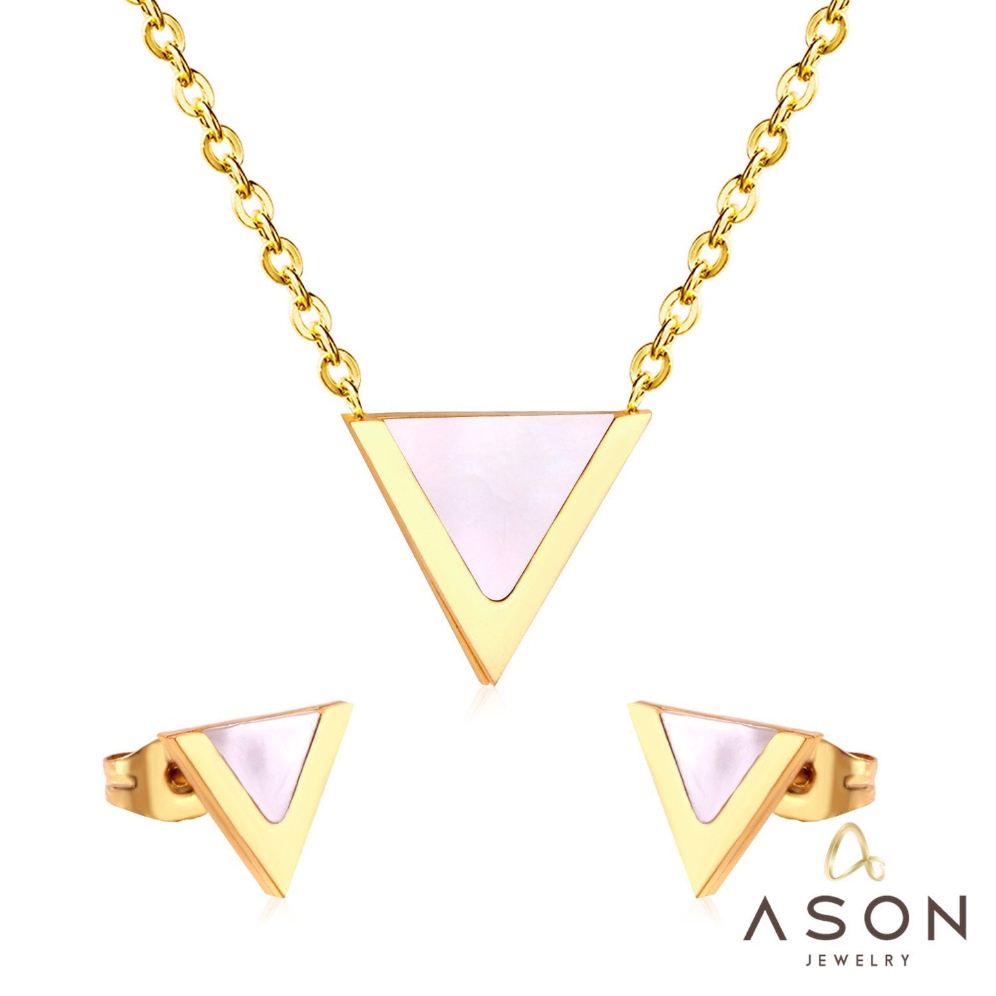 ASON Children Triangle Pendant Necklace Stainless Steel Small Stud Earrings Shell Jewelry Sets Party For Girl Women Fashion asonjewelry