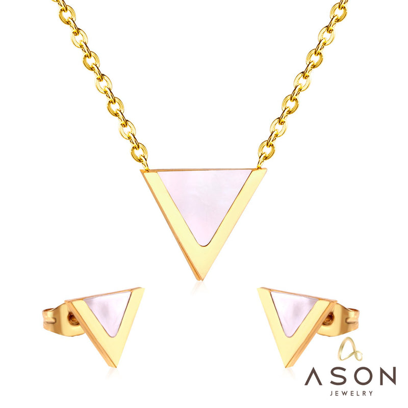 ASON Children Triangle Pendant Necklace Stainless Steel Small Stud Earrings Shell Jewelry Sets Party For Girl Women Fashion
