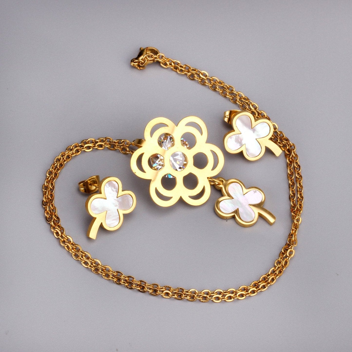 ASON Flower Shell Stainless Steel Gold Wedding Jewelry Sets for Women Cubic Zirconia Necklace Pendant Small Stud Earring asonjewelry