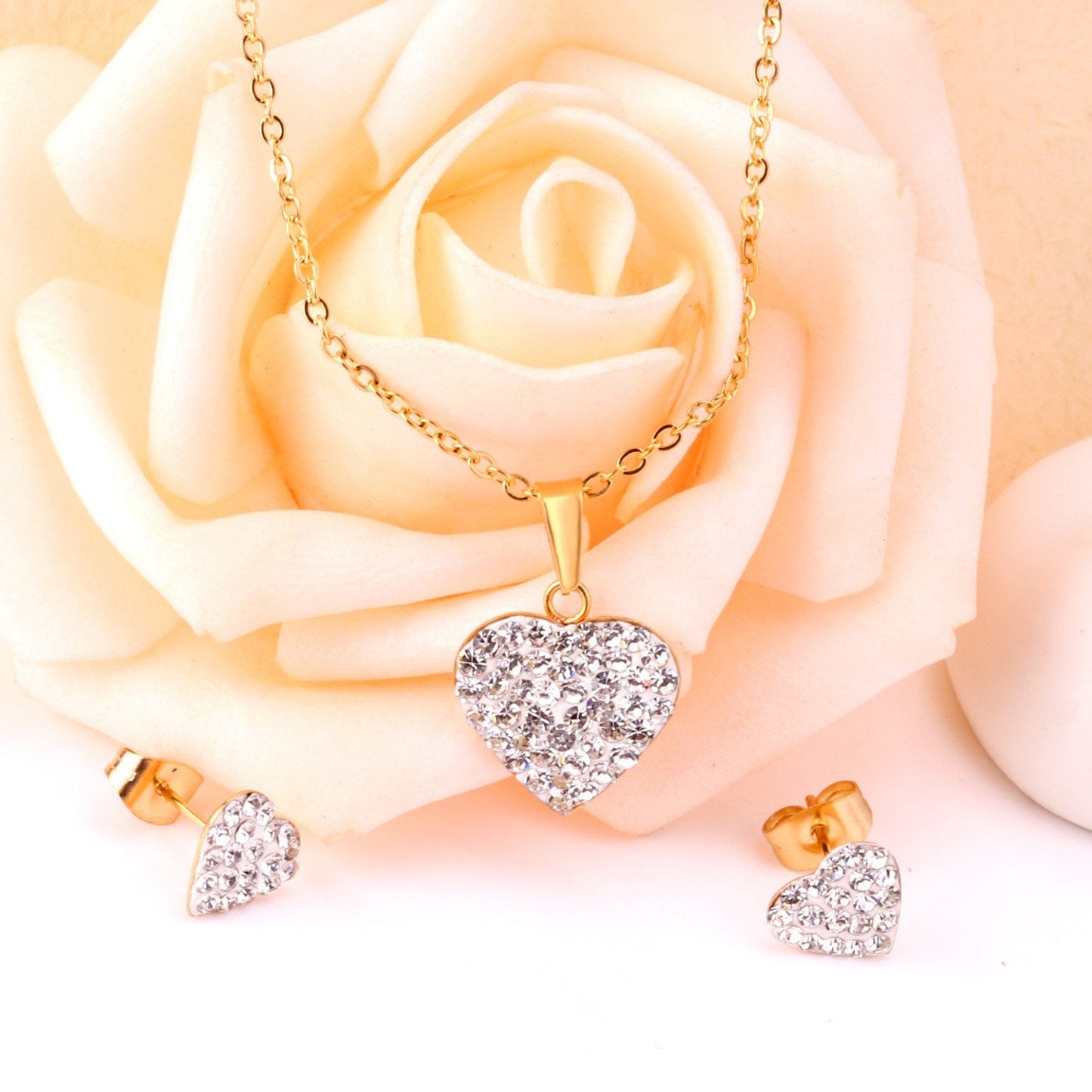 ASON Love's Heart Cubic Zirconia Pendant Necklace Earring Fashion Party Wedding Accessories Stainless Steel Necklaces asonjewelry