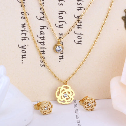 ASON Bridal Hollow Flower Pendant Necklace Small Stud Earrings Jewelry Set Gold Color for Women Stainless Steel For Women asonjewelry