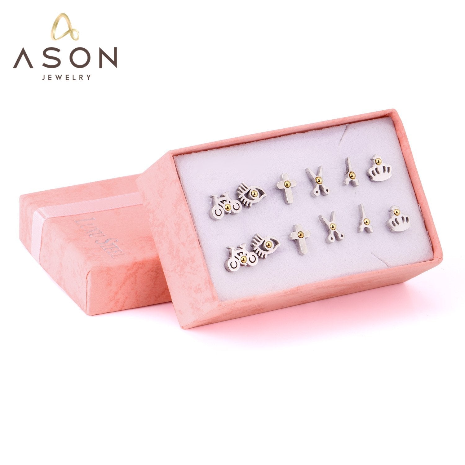 ASON 6pairs/Box Cute Stud Earring Sets Silver Color White Bead Mixed Shape Stainless Steel Piercing Earring Christmas Women asonjewelry
