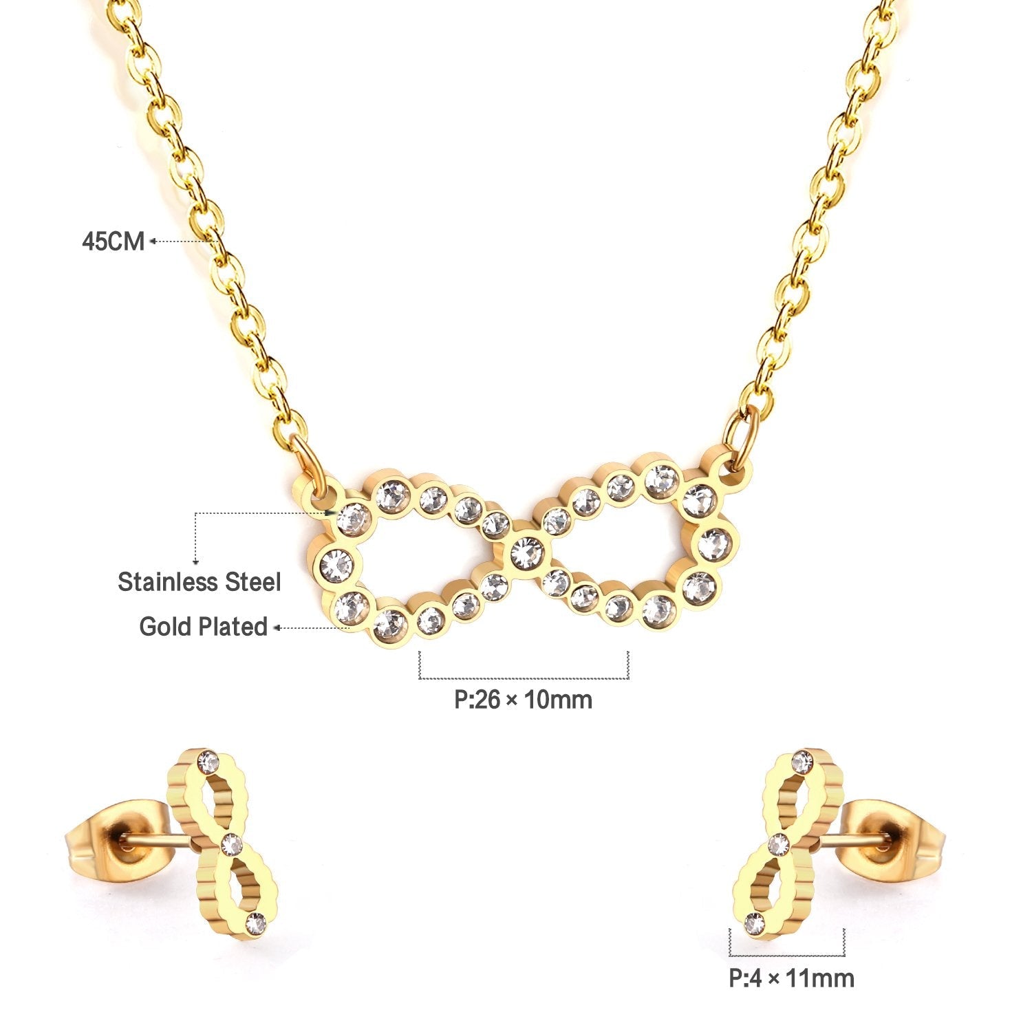 ASON 316L Stainless Steel Cubic Zirconia Dainty Infinity Pendant Necklace with Earrings Jewelry Set for Women Party Gift asonjewelry