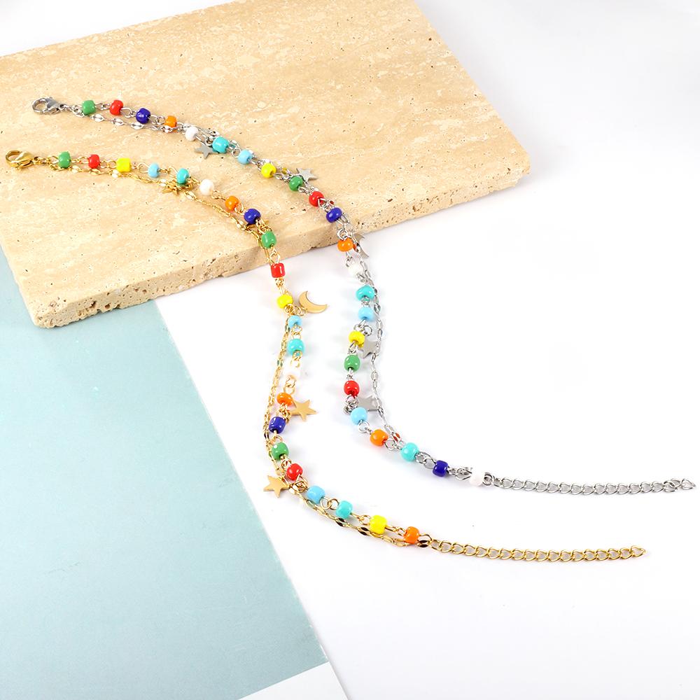 ASON Trendy Mixed Color Beads Moon And Star Accessories Multi-layer Chains Anklet Gold Color Stainless Steel For Women Gift asonjewelry