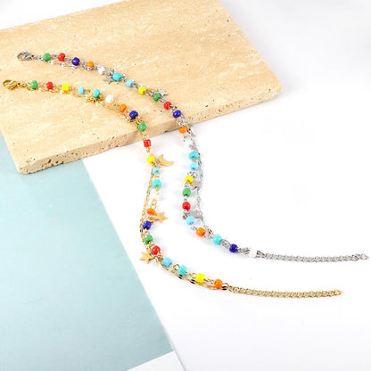 ASON Trendy Mixed Color Beads Moon And Star Accessories Multi-layer Chains Anklet Gold Color Stainless Steel For Women Gift asonjewelry